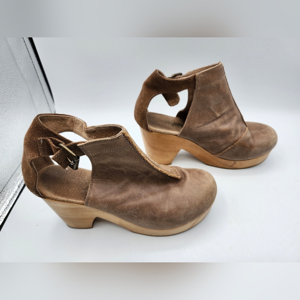 Free People Brown Leather Wood Platform Clog Sz 37 - Picture 3 of 10